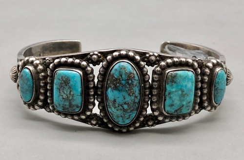 ingot silver bracelet, 5 turquoise cabochons, floral design,  hand stamped terminal