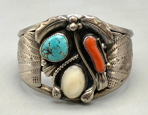 turquoise, coral, and mother of pearl, leaf and wire appliques, four wire terminal with triangular wire