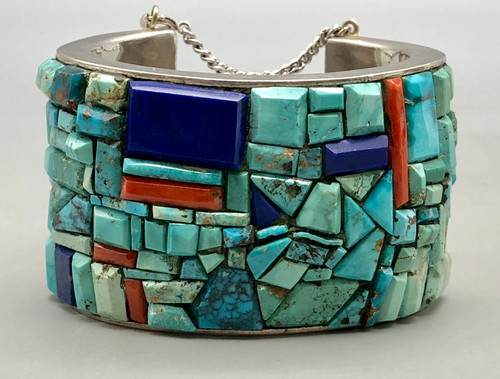 unique cobblestone bracelet, coral, turquoise, and lapis, solid cuff, chain guard