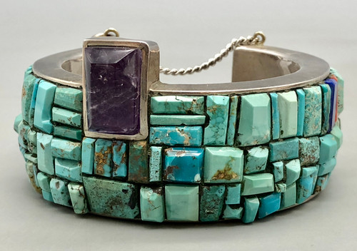 cobblestone inlay bracelet, amethyst, coral, turquoise, and lapis, hefty solid cuff with chain guard