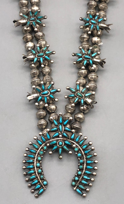 needlepoint turquoise, four petal blossoms, handmade silver beads, circa 1940s