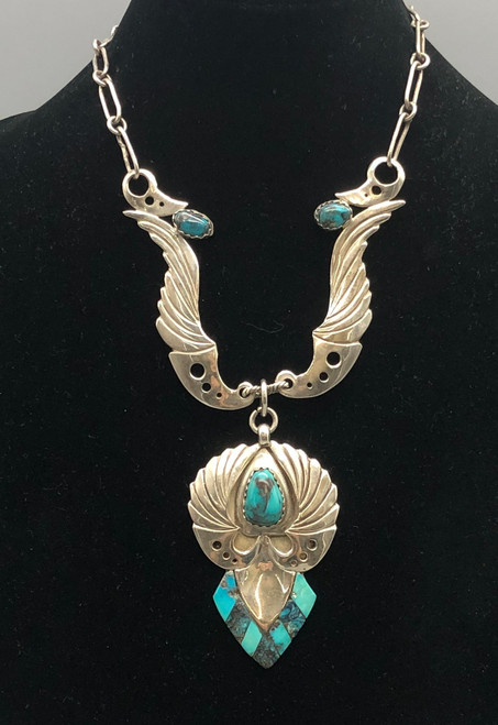 Bisbee turquoise, necklace and ring set, Carlos White Eagle, stylized dangle pendant of phoenix rising, turquoise inlay and cabochons, handmade sterling silver chain links