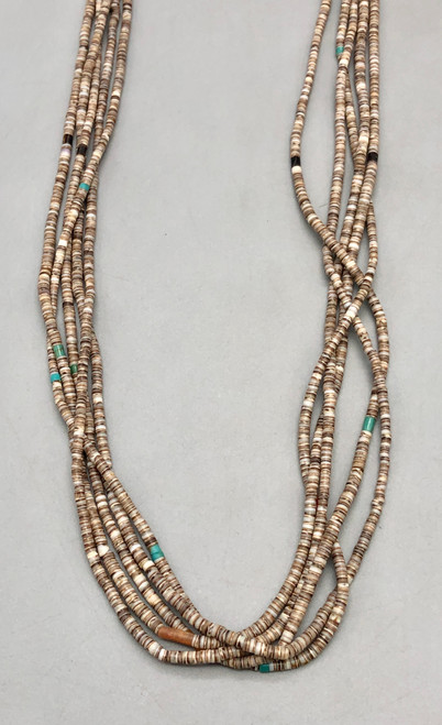 vintage, five strand heishi necklace, waxed cord, silver cones,