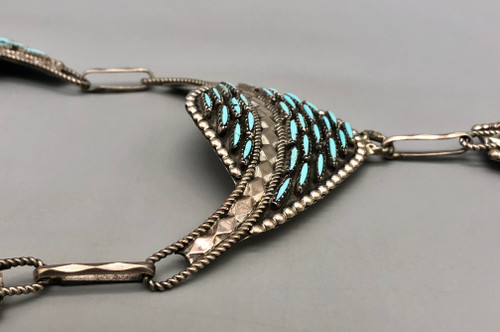 needlepoint turquoise, bib style, central pendant, silver dangles, silver link chain, Jimmie Yazzie, Navajo