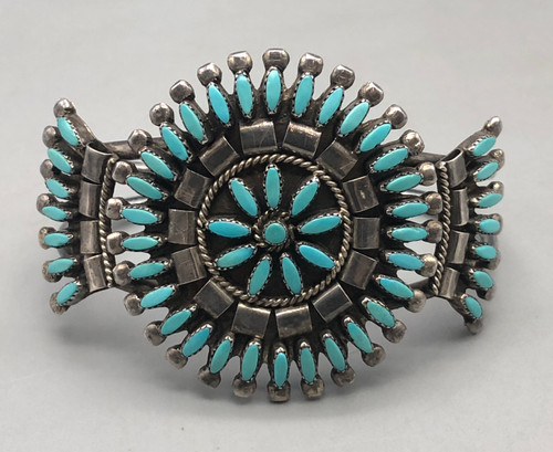 vintage, turquoise needlepoint cluster bracelet, center flower cluster, two wire terminal