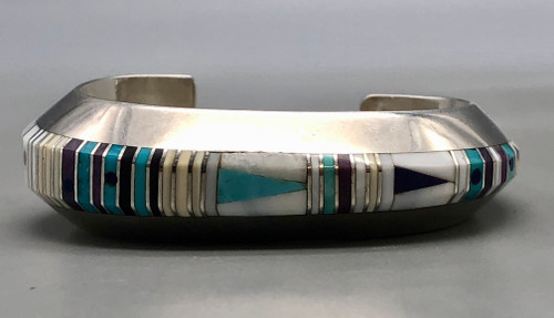 Gibson Nez, multi stone inlay, geometric shaped bracelet, award winner, channel inlay, silver cuff