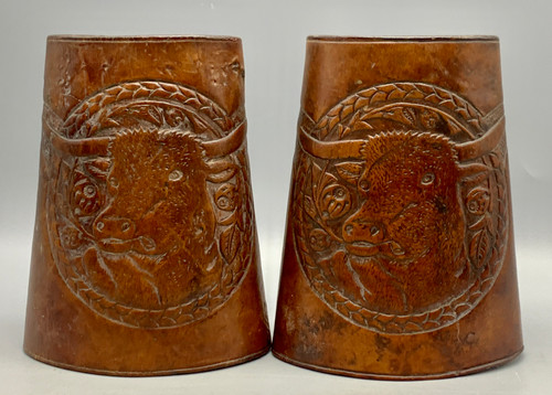 Vintage Leather Cowboy Cuffs With A Bull Design