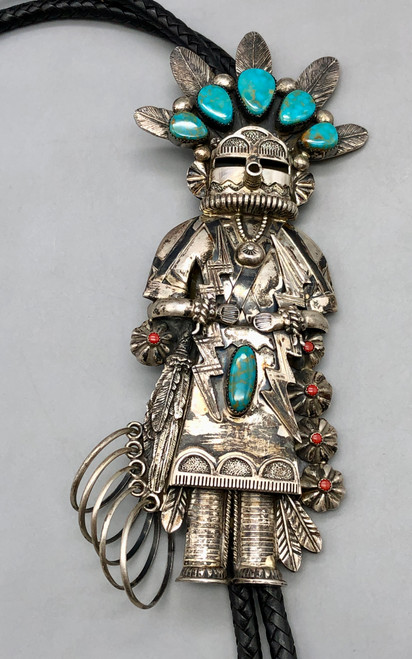 Kachina theme bolo tie,  three-dimensional, turquoise and coral, Made in  America