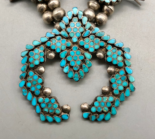 Dishta, turquoise, squash blossom necklace, sterling silver