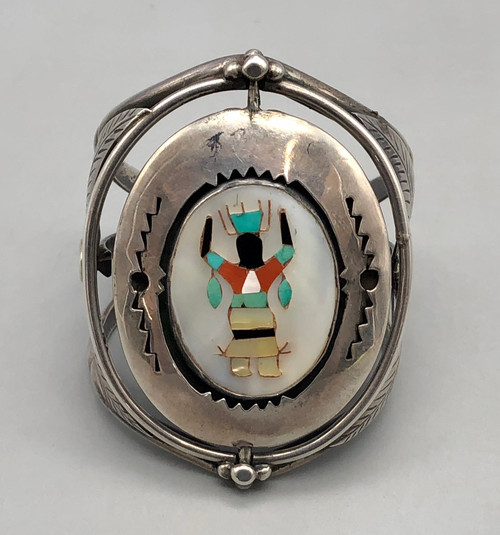 vintage, spinner bracelet, Bisbee turquoise, pictorial inlay, overlay style setting, three wire terminal