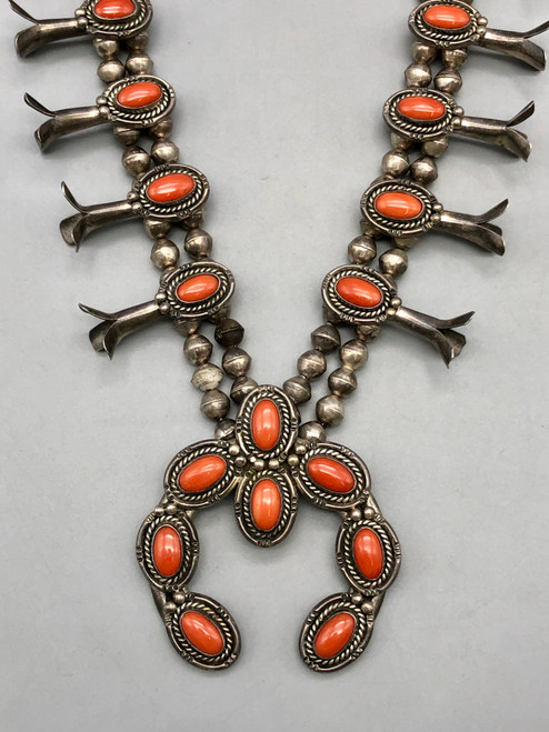 coral and sterling silver, vintage, two wire naja, darkened silver, 12 blossoms