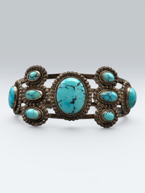 webbed turquoise, cluster bracelet, natural turquoise, twisted wire and silver dots, four wire terminal