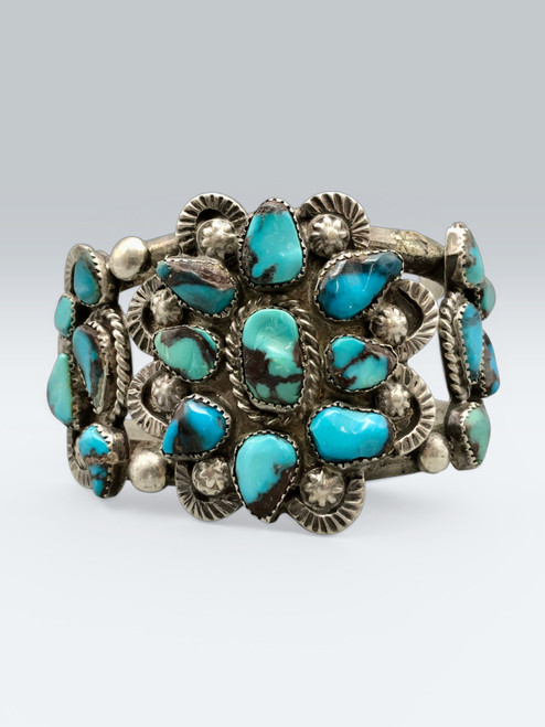 vintage, cluster, Bisbee turquoise, floral design, two wire terminal, Simplicio, Zuni