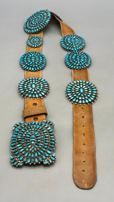 vintage, Victor Moses Begay, cluster, darkened silver backgrounds, petit point, light brown leather belt, hallmarked, Navajo