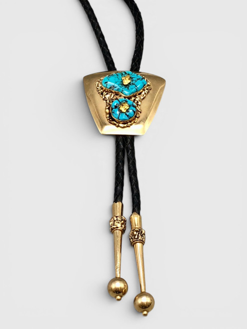 turquoise, 14K gold, gold nugget, By Elias, floral designs, black braided cord, gold tips, round gold beads