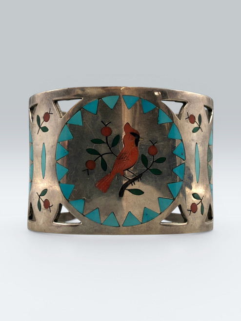 Zuni, flush inlay, Guardian, cardinal design, smooth silver cuff, Circa 1973-1976