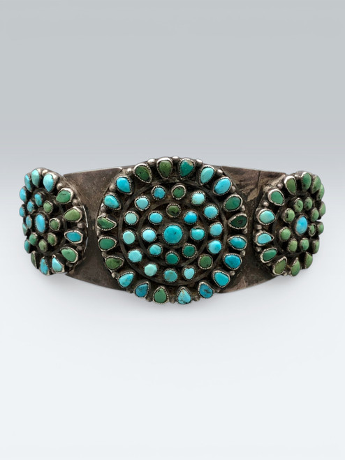 natural turquoise, cluster bracelet, petit point and dot turquoise, darkened silver backgrounds, three wire terminal, Zuni, Circa 1920s