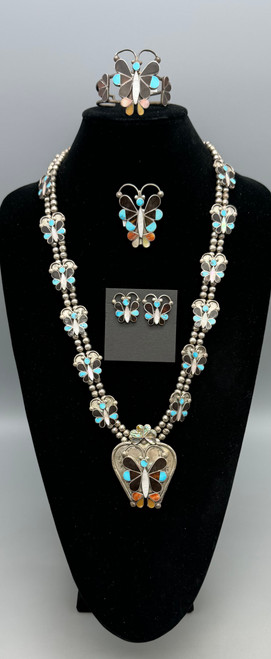 vintage, butterfly themed, abalone, turquoise, spiny oyster, mother of pearl, squash blossom style, circa 1960s