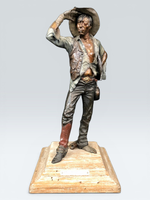 Sunday Morning Blues, David Lemon, colored bronze, disheveled cowboy, eye catching, humorous, gold medal artist, 1983