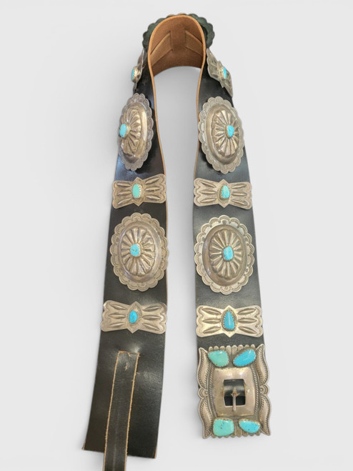 concho belt, repousse, hand stamped designs, turquoise