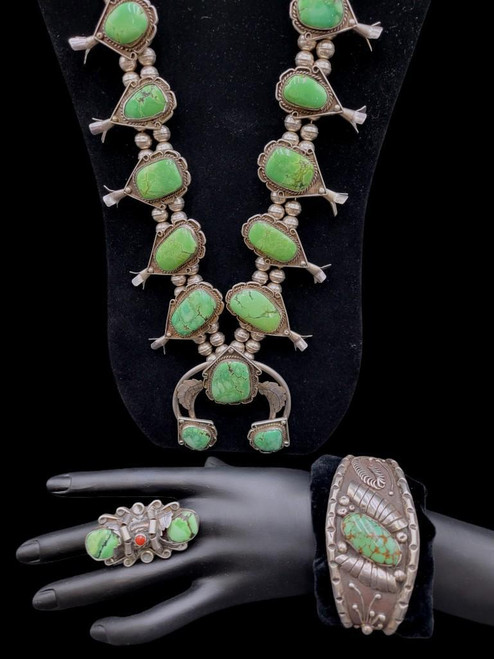 Vintage Turquoise Squash Blossom Necklace with Ring and Bracelet