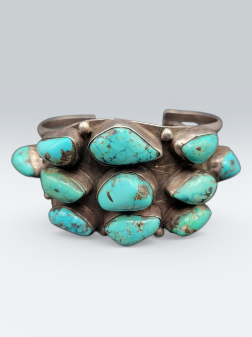 1950s, turquoise cluster bracelet, nugget style cabochons, three wire cuff, Navajo,