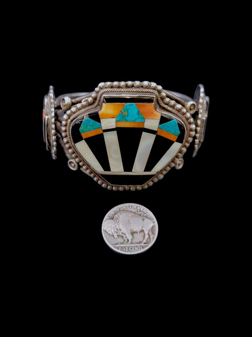 vintage, multi stone, pottery themed, inlay, turquoise, coral, onyx, mother of pearl, four wire terminal, old Zuni masters