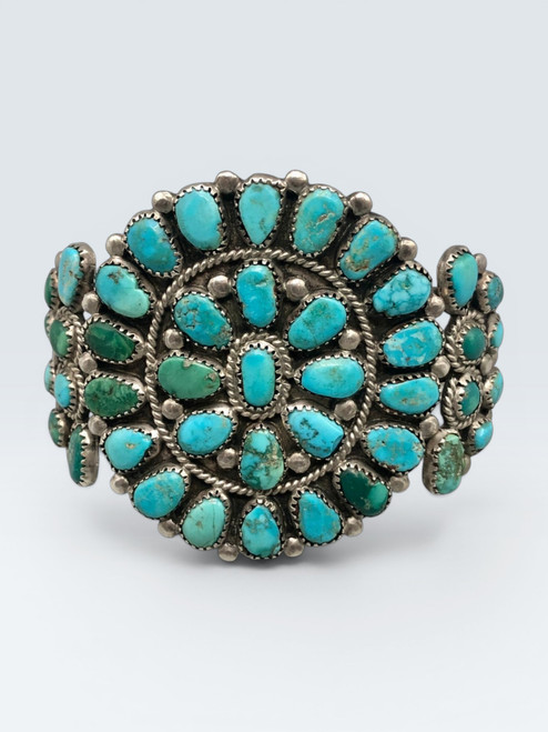 1940s, natural turquoise, cluster, needlepoint, petit point, dot turquoise, handmade, three wire terminal, Navajo,