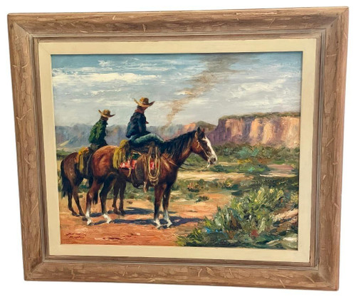 original, Western painting, Bill Hampton, Smoke at Indian Rock, realism style, framed, 1972 original, Western painting, Bill Hampton, Smoke at Indian Rock, realism style, framed, 1972