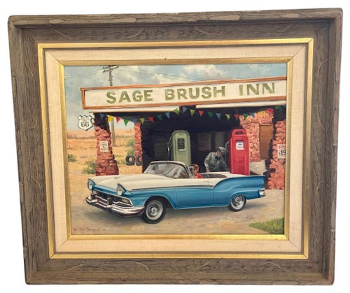 1957 Ford, desert scene, John Thongnoi, Sage Brush Inn, original, oil painting 1957 Ford, desert scene, John Thongnoi, Sage Brush Inn, original, oil painting