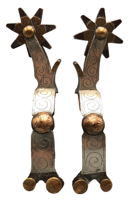 hand-forged, prison made, Walla Walla prison, "Wyoming Split band" , single-mounted, engraved swirl design, accented with copper, early 1900s. hand-forged, prison made, Walla Walla prison, "Wyoming Split band" , single-mounted, engraved swirl design, accented with copper, early 1900s.