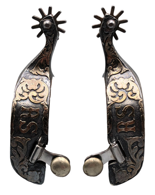 E.F. Blanchard, custome engraved spurs, gold and silver overlay, Bob Scott, Diablo, Ralph Lamb, vintage, Circa 1970. E.F. Blanchard, custome engraved spurs, gold and silver overlay, Bob Scott, Diablo, Ralph Lamb, vintage, Circa 1970.