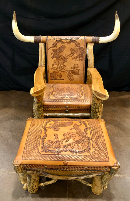 Custom Handmade Leather, Wood and Steer Horned Chair With Ottoman By Bub O'Donnell