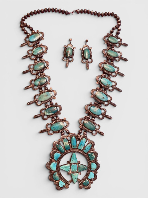 Vintage Simplicio Style Turquoise, Sterling & Fleur De Lis Squash Blossom Necklace With Earrings