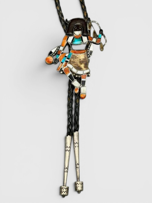 Zuni-made bolo tie with Buffalo Dancer design from 1930s to 1970s