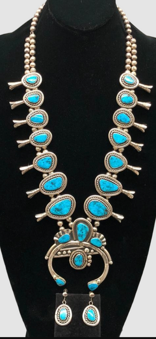 Sterling Silver And High Grade Squash Blossom Necklace With Earrings Attributed To Jimmy Long