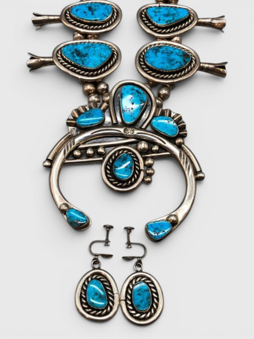 Sterling Silver And High Grade Squash Blossom Necklace With Earrings Attributed To Jimmy Long