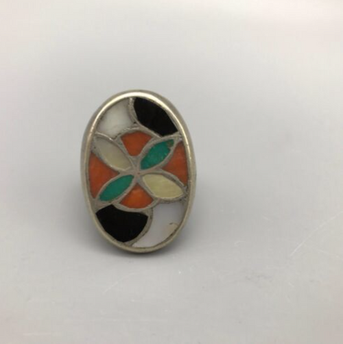 ring, inlay, coral, turquoise, mother of pearl, MOP, black onyx, sterling silver, size 13