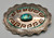 1970s turquoise and coral inlay sterling silver belt buckle, stone settings, handmade sawtooth bezel, hand stamped designs