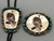 vintage eagle themed bolo and belt buckle set, detailing, turquoise cabochons, abalone shell, leaf applique