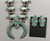 vintage Dishta family squash blossom necklace set with earrings, elegant design of tiny flush inlaid with natural turquoise circles and teardrops that the Dishta family is renowned for