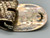 Hopi overlay belt buckle, cornstalk overlay design, darkened and brushed silver background