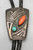 turquoise and coral overlay bolo tie, darkened background and overlay design, braided black leather cord