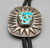 turquoise and sterling silver bolo tie, remarkable silverwork, braided black leather cord