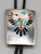 thunderbird theme inlay bolo tie, inlay of turquoise, coral, mother of pearl, and onyx, braided black leather cord