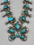 turquoise and sterling silver squash blossom necklace, leaf applique, loops, dots of silver, twisted wire, foxtail wire