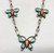 vintage turquoise and coral butterfly necklace, Zuni style necklace with five butterfly "pendants", sawtooth bezels, link chain