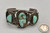 vintage three-stone turquoise bracelet, loops of twisted wire, leaf and silver dot applique, three wire terminal