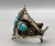 three-stone turquoise bracelet, turquoise cabochons in handmade sawtooth bezels, twisted wire, and intricate pieces of silver applique