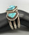 vintage hefty three-stone turquoise bracelet, handmade sawtooth bezels with twisted wire and silver dot accents, hand stamped designs